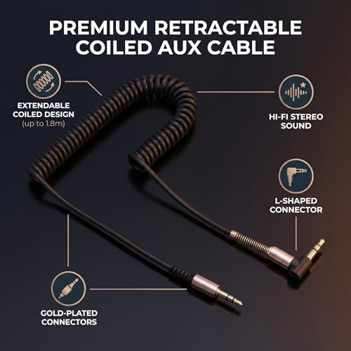 Zerone L Shaped 3.5mm Male to Male Coiled Aux Cable 6ft Retractable Spring Audio Cord for Car Home Stereo Speaker Headphone