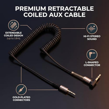 Zerone L Shaped 3.5mm Male to Male Coiled Aux Cable 6ft Retractable Spring Audio Cord for Car Home Stereo Speaker Headphone