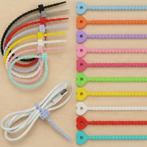 10Pcs Heart Silicone Cable Ties, Reusable Adjustable Cord Straps - color: 10pcs- Heart Cable Ties