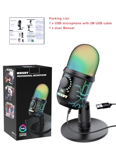 MRSDY USB Gaming Microphone for PC with Noise Reduction, Mute, Gain, RGB
