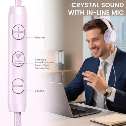 USB C Wired Over-Ear Headphones with Microphone | Volume Control, Share Port, Adjustable Headband Foldable Stereo Headset for Adult/Teens for iPhone 16, Laptop, Gaming, Travel - color: New Icy Pink