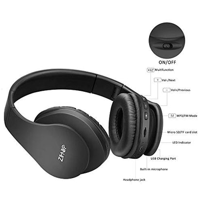 ZIHNIC Bluetooth Headphones Over-Ear, Foldable Wireless and Wired Stereo Headset Micro SD/TF, FM for Cell Phone,PC,Soft Earmuffs &Light Weight for Prolonged Wearing (Black) - color: Black