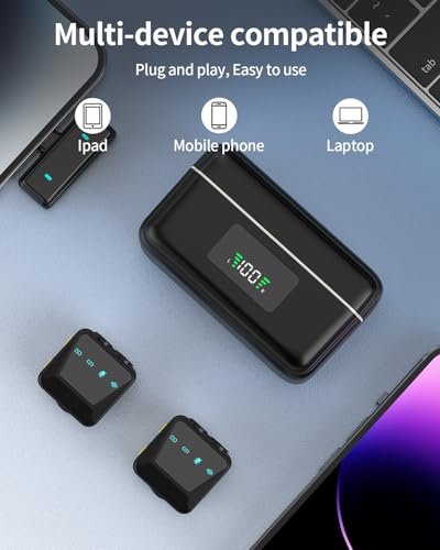Wireless Lavalier Microphone for iPhone/Android With Charging Case, Intelligent Noise Cancelling,Plug-Play Wireless Lapel Mic for Tiktok, Youtube, Video Recording, Vlog, Live Streaming