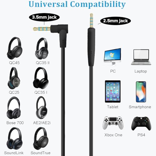 QC35/QC25 Replacement Cord 2.5mm to 3.5mm Cable with Reusable Cable Tie, Headphone Audio AUX Wire Compatible with Bose QuietComfort 35 II, QC45/QC35/QC25, NC700/OE2/SoundLink/SoundTrue Headphones