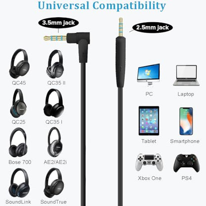 QC35/QC25 Replacement Cord 2.5mm to 3.5mm Cable with Reusable Cable Tie, Headphone Audio AUX Wire Compatible with Bose QuietComfort 35 II, QC45/QC35/QC25, NC700/OE2/SoundLink/SoundTrue Headphones