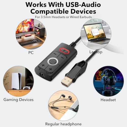 1Mii S03 External USB Sound Card, 7.1 Surround USB 3.5mm Jack Audio Adapter | for PC to Headphones, Plug & Play, Volume Control and Mic Mute for Gaming, USB to AUX for Headset, Computer, PS4, PS5, 6FT