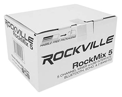 Rockville RockMix 5 Channel Pro Mixer with USB, Bluetooth, Echo, EQ | XLR/1/4" Mic/Line, RCA Inputs, 3.5mm Mic, 18V Phantom Power, 2-Band EQ, USB Recording, Headphone Out