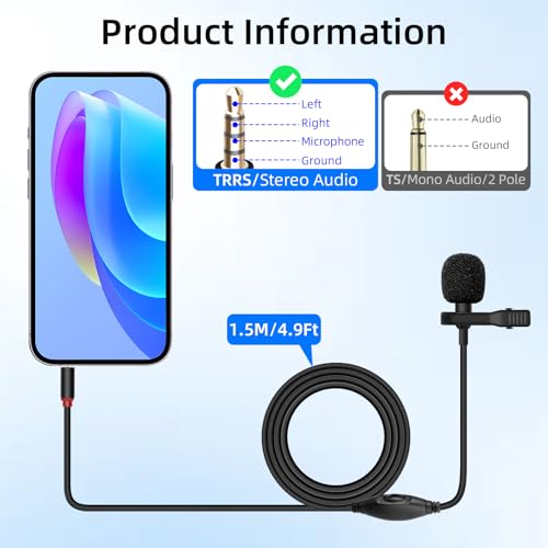 GELRHONR 3.5mm Lavalier Microphone, 3.5mm(1/8") TRRS Plug Invisible Lapel Microphone Wired for Phone, PC, Camera, Audio Recording, Game Streaming 4.9FT (TRRS) - style: TRRS