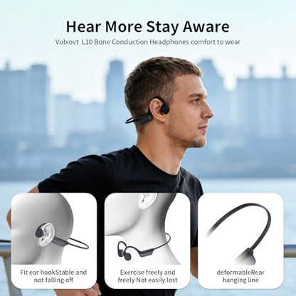 2026 Bone Conduction Headphones, Bluetooth 6.0 Open Ear Headphones，Wireless Sports Earphones IPX5 Waterproof, 10H Long Battery Life Playtime for Running，Cycling，Gym (Gray-Black)