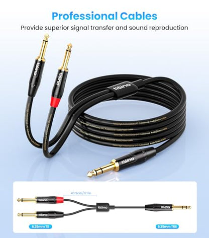 tisino 1/4 inch TRS Stereo to Dual 1/4 inch TS Mono Insert Cable Y-Splitter Stereo Breakout Cable Patch Cord - 3.3 feet | 1/4"（6.35mm） TRS Stereo Jack to Dual 1/4"（6.35mm） TS Mono Y-Splitter Aux Lead for Mixer & Studio, Gold-Plated OFC - size: 3.3 feet