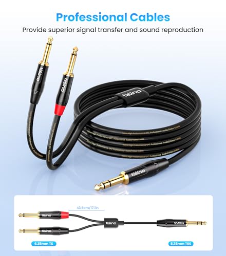 tisino 1/4 inch TRS Stereo to Dual 1/4 inch TS Mono Insert Cable Y-Splitter Stereo Breakout Cable Patch Cord - 6.6 feet | 1/4"（6.35mm） TRS Stereo Jack to Dual 1/4"（6.35mm） TS Mono Y-Splitter Aux Lead for Mixer & Studio, Gold-Plated OFC - size: 6.6 feet