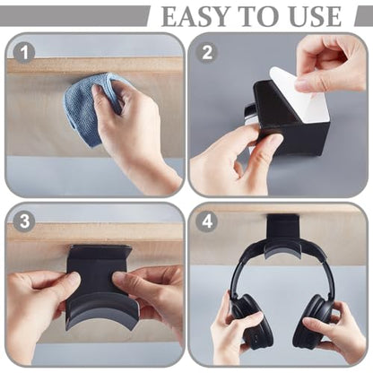 AHANDMAKER 2 Pack Headphone Stand for Desk Headphone Holder with Adhesive Gaming Headphones Hanger Under Desk Shelf Mounting Hooks for Bedroom Gaming Setup Organization, Black - color: Black
