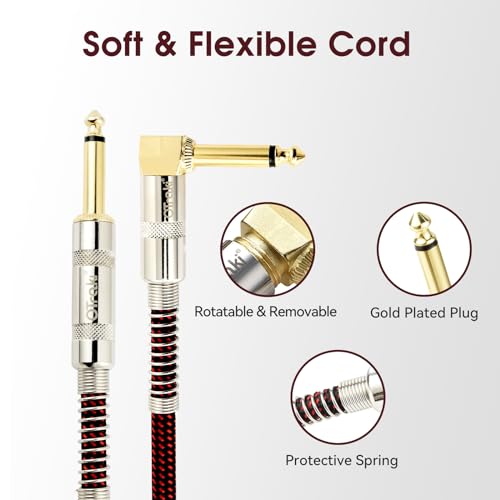 OTraki 3FT Guitar Cables 2 Pack Electric Guitar Chord 1/4 Inch Straight to Right Angle 6.35mm Gold Plated TS Plug Nylon Connect Guitar Instrument Cable for Guitar Bass Drum Audio Device 1M | Straight to Right Angle 6.35mm Gold Plated TS Plug Nylon Connect