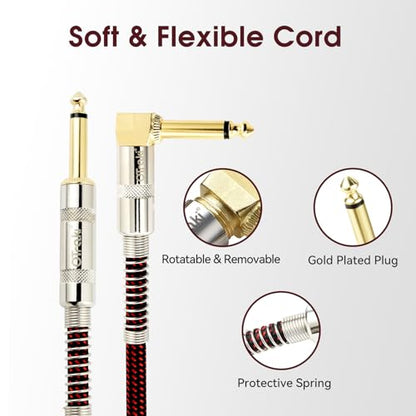 OTraki 3FT Guitar Cables 2 Pack Electric Guitar Chord 1/4 Inch Straight to Right Angle 6.35mm Gold Plated TS Plug Nylon Connect Guitar Instrument Cable for Guitar Bass Drum Audio Device 1M | Straight to Right Angle 6.35mm Gold Plated TS Plug Nylon Connect