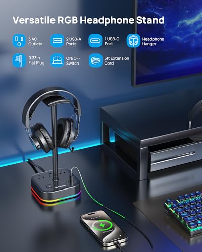 TROND Headphone Stand with USB C, Desk Gaming Headset Holder with 3 AC Outlets, 2 USB-A and 1 USB-C, Headset Stand with 5 RGB Light Modes, for Gaming Desk Accessories Gamer Boyfriend Gifts | 2 USB A and 1 USB C, Headset Stand with 5 RGB Light Modes, for G
