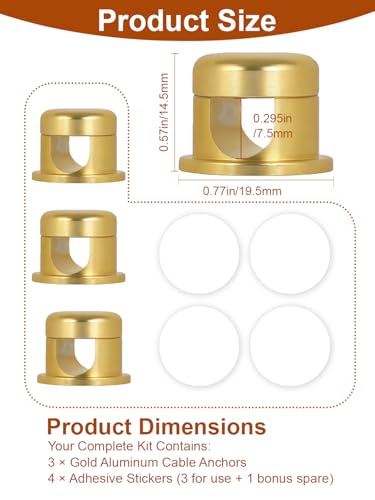 Wider Base Strong Adhesive Desk Cord Holder 3 Pack, Aluminum Gold | Screw-top Cord Holder for Nightstand, Cable Holder Desk Organizer for Phone Charger, Cable Management Clips