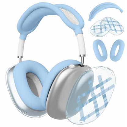 Joyland Silicone Case for AirPods Max Headphones,Blue Plaid Soft TPU Ear Cups Cover/Ear Pad Cover/Headband Protection for Apple AirPods Max USB-C/Lightning (2024/2020),Clear Blue - color: Blue Plaid