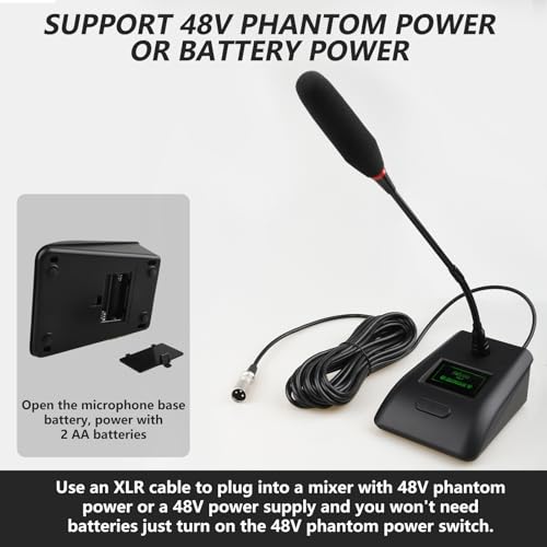 Desktop Gooseneck Conference Microphone Wired with 48V Phantom. Table Mounted Corded Condenser XLR Microphone with 26ft XLR Male to Female Cable and 6.35mm Adapter Cable for Speake, Studio, Recording