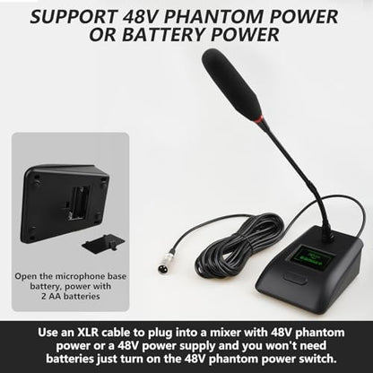 Desktop Gooseneck Conference Microphone Wired with 48V Phantom. Table Mounted Corded Condenser XLR Microphone with 26ft XLR Male to Female Cable and 6.35mm Adapter Cable for Speake, Studio, Recording