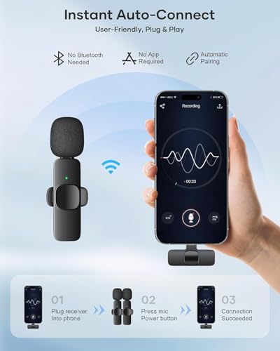 Wireless Mini Lavalier Microphone for iPhone iPad Android Phone PC Laptop, Plug-Play Mini Mic with Noise Reduction, Lapel Microphone Plug-Play for Interview Video Podcast Vlog YouTube TikTok
