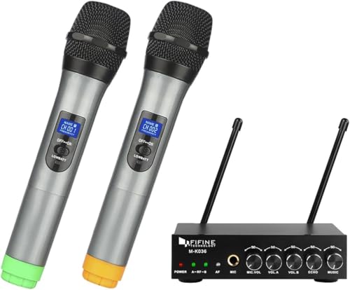 FIFINE K036 UHF Dual Channel Wireless Handheld Microphone System | Easy-to-use Wireless Microphone System for Karaoke Meeting