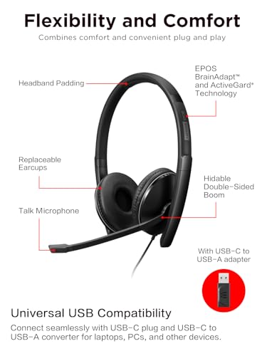 Lenovo Wired ANC Headset Gen 2 (Teams) with Active Noise Cancellation, EPOS BrainAdapt & ActiveGard Tech, Lightweight, USB-C, Plug-and-Play, Zoom Certified, Customizable, Hearing Protection | Includes USB-A converter, travel pouch and 2 year warranty for