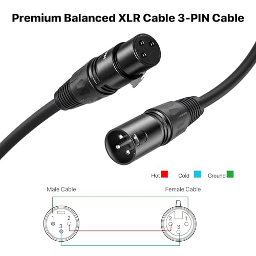XLR Cable 3 Ft 6 Packs,Microphone Cables,Premium Balanced Microphone Mic Speaker Cable with 3-Pin XLR Male to Female DMX Cable,Black - size: 3 Feet