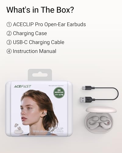 ACEFAST AceClip Pro Open-Ear Earbuds, Wireless Clip-On Earbuds with 3× Larger Drivers, Outdoor Boost Mode, AI Noise Cancelling Calls, 28H Playtime, IP55 Waterproof, App & Click Control, Lightweight - color: Cream