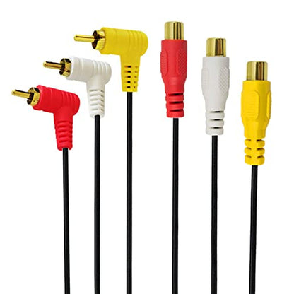RCA Audio Video Cable - Gold Plated 90 Degree Right Angle 3 RCA Male to Female Audio Video Cable 1.5m/5ft (F to M Bend) - color: Red,White,Yellow