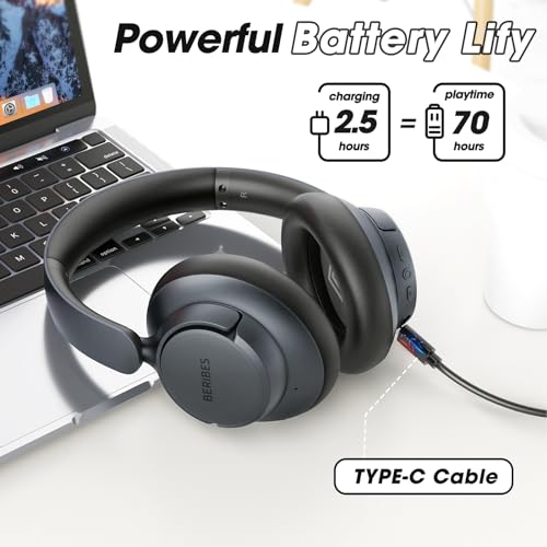 BERIBES Hybrid Active Noise Cancelling Headphones Wireless Over Ear 70Hours | Foldable Bluetooth 6.0,Transparent Modes,3.5MM Cable,Lightweight Built-in Mic,HiFi Stereo Deep Bass,Soft-Earpad,Fast Charging - color: Black
