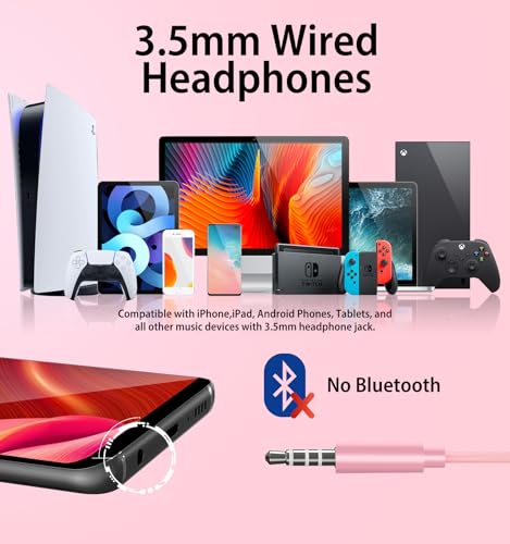 Kimwood Wired Earbuds with Microphone, Wired Earphones in-Ear Headphones HiFi Stereo, Powerful Bass and Crystal Clear Audio, Compatible with iPhone, Android, Computer Most with 3.5mm Jack - color: Pink, size: regular