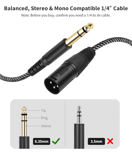 2 Pack XLR Male to 1/4" TRS Stereo Adapter ,3.3ft Balanced for Microphones - color: 3FT, size: XLR Male to 6.35