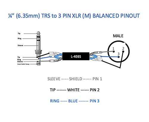 Custom Cable Connection 6 Foot Canare L-4E6S Star Quad 3-Pin XLR Male to 1/4" (6.35mm) TRS Balanced Microphone/Audio Cable - size: 6 Foot, style: XLR Male to 1/4"