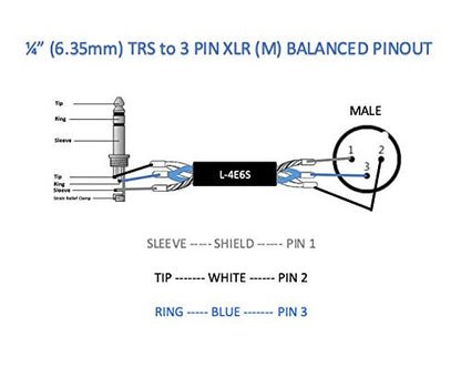 Custom Cable Connection 6 Foot Canare L-4E6S Star Quad 3-Pin XLR Male to 1/4" (6.35mm) TRS Balanced Microphone/Audio Cable - size: 6 Foot, style: XLR Male to 1/4"