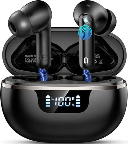 Wireless Earbuds, 2026 Bluetooth 5.4 Headphones HiFi Stereo 50H In Ear Buds | HiFi Stereo, Deep Bass with ENC Noise Cancelling Mics, IP7 Waterproof Wireless Earphones with LED Display, Fast Charging Case - color: Black