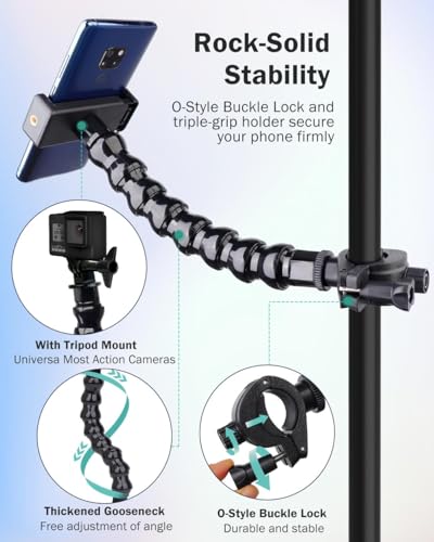 LMS Mic Stand Phone Holder, Flexible Phone Holder for Microphone Stand, iPhone Music Stand Holder Mount, Mic Stand Cell Phone Clip for iPhone 15 14 13 12 Pro Max Samsung Galaxy Pixel (Advanced, 8")
