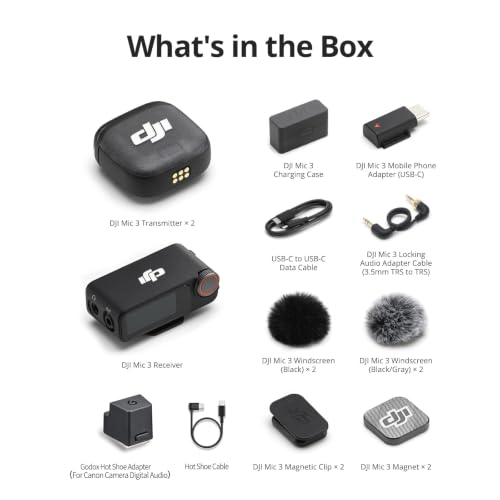 DJI Mic 3 (2TX+1RX+Charging Case), All in one Mic with Canon MI Hot Shoe | Wireless Mini Mic for iPhone/Camera/Android, Ultralight, Adaptive Gain Control, 28hrs Use, Vlog, Noise Cancelling