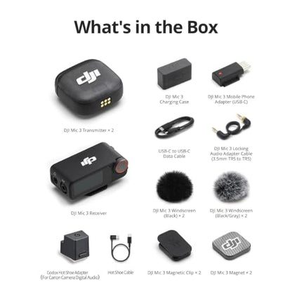 DJI Mic 3 (2TX+1RX+Charging Case), All in one Mic with Canon MI Hot Shoe | Wireless Mini Mic for iPhone/Camera/Android, Ultralight, Adaptive Gain Control, 28hrs Use, Vlog, Noise Cancelling