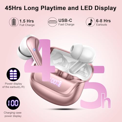 2026 Wireless Earbuds, Bluetooth 5.4 Headphones HiFi Stereo, 50H Playtime | In-Ear Headphones with ENC Noise Cancelling Mics, IP7 Waterproof Wireless Headphones, Earbuds for Android iOS, LED Display - color: Bright Rose Gold