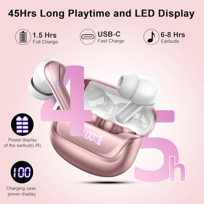 2026 Wireless Earbuds, Bluetooth 5.4 Headphones HiFi Stereo, 50H Playtime | In-Ear Headphones with ENC Noise Cancelling Mics, IP7 Waterproof Wireless Headphones, Earbuds for Android iOS, LED Display - color: Bright Rose Gold