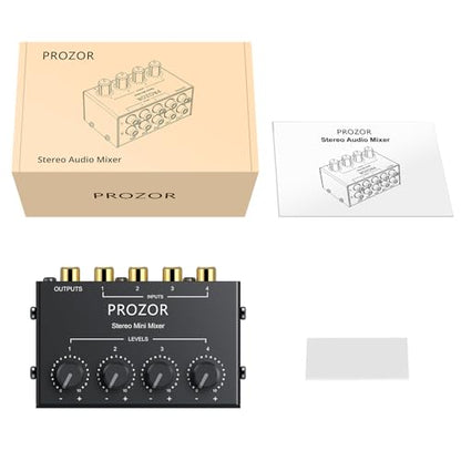 PROZOR 4-Channel Stereo Audio Mixer, RCA Input Independent Volume Controls