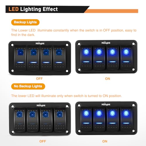 Nilight - 90109D 4 Gang Aluminum Rocker Switch Panel Toggle Dash 5 Pin ON/Off Pre-Wired Rocker Switch Blue Backlit Switch for Automotive Car Marine Boat RV,2 Years Warranty - color: Blue, size: 4 Gang