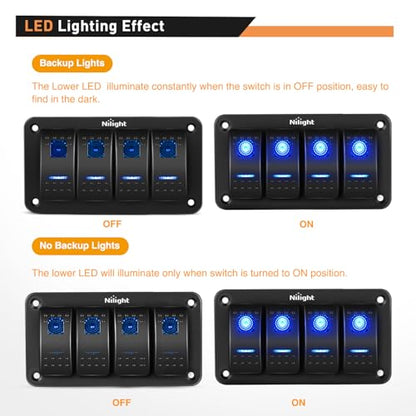 Nilight - 90109D 4 Gang Aluminum Rocker Switch Panel Toggle Dash 5 Pin ON/Off Pre-Wired Rocker Switch Blue Backlit Switch for Automotive Car Marine Boat RV,2 Years Warranty - color: Blue, size: 4 Gang