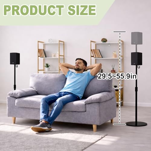 29.5-55.9" Speaker Stands Pair for Surround Sound, 17lbs Capacity | Black Alloy Steel Bookshelf Tall Speaker Stands Compatible with Bose Sony JBL Samsung Polk Yamaha,Cable Management