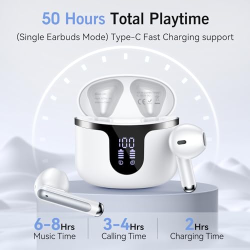 Wireless Earbuds, Bluetooth 5.4 Headphones HiFi Stereo with 4 HD Mic, 50H Playtime Bluetooth Earbuds with Dual LED Display, IPX7 Waterproof Wireless Earphones, Touch Control Ear Buds,USB-C - color: Brightening-A