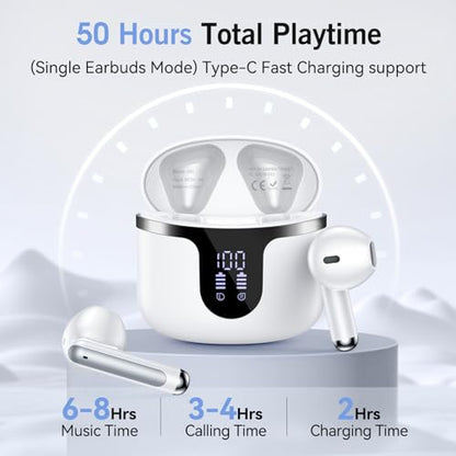 Wireless Earbuds, Bluetooth 5.4 Headphones HiFi Stereo with 4 HD Mic, 50H Playtime Bluetooth Earbuds with Dual LED Display, IPX7 Waterproof Wireless Earphones, Touch Control Ear Buds,USB-C - color: Brightening-A