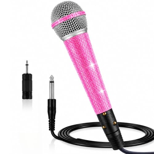 Pink Wired Karaoke Microphone with Rhinestones Sleeve Decoractive | Sparkly dynamic mic for karaoke, singing, parties and speeches with 11.5 ft XLR cable, 6.35mm plug and 3.5mm adapter