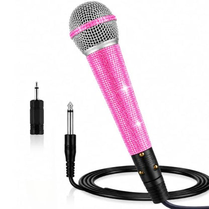 Pink Wired Karaoke Microphone with Rhinestones Sleeve Decoractive | Sparkly dynamic mic for karaoke, singing, parties and speeches with 11.5 ft XLR cable, 6.35mm plug and 3.5mm adapter