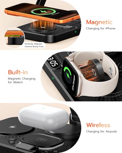 45W 6 in 1 Charging Station for Apple Multiple Devices with Clock & Light, 20W Fast Foldable Wired Charging Stand for iPad/Tab, Wireless Charger Design for MagSafe Charger for iPhone 17/iWatch/Airpods