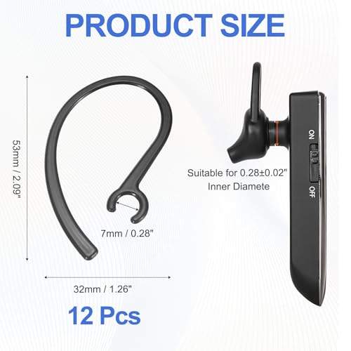 12 Pcs Replacement Ear Hooks 7mm/0.28", Black Soft PC | Universal Small Ear Loop Clips Anti-Slip Earbuds Replacement for Single-Ear Bluetooth Headset - size: 7mm/0.28"